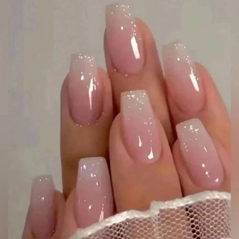 ✨ Dusty Pink Glitter French Press On Nails